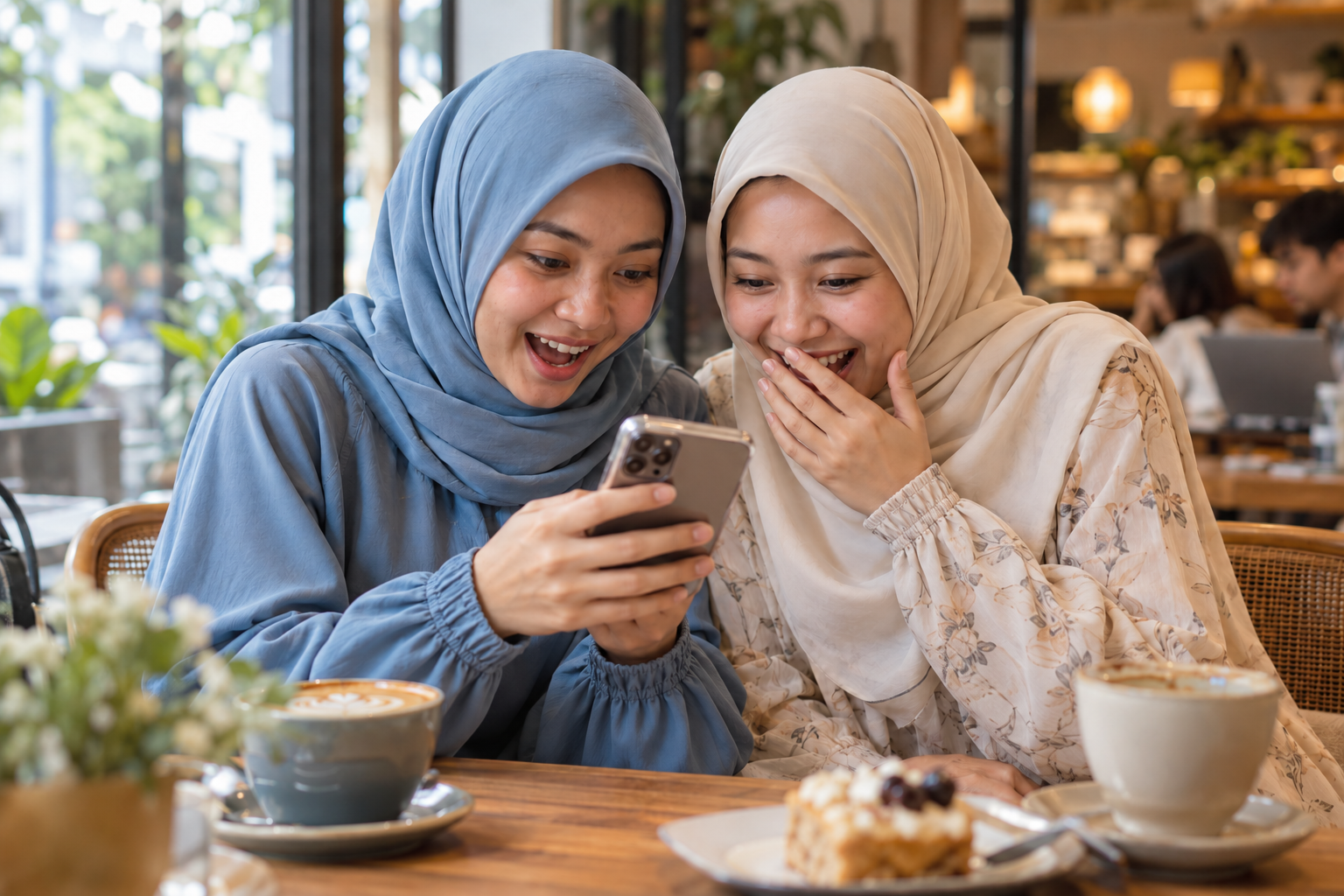 Two friends in modest clothing and hijabs excitedly looking at one smartphone in a café.