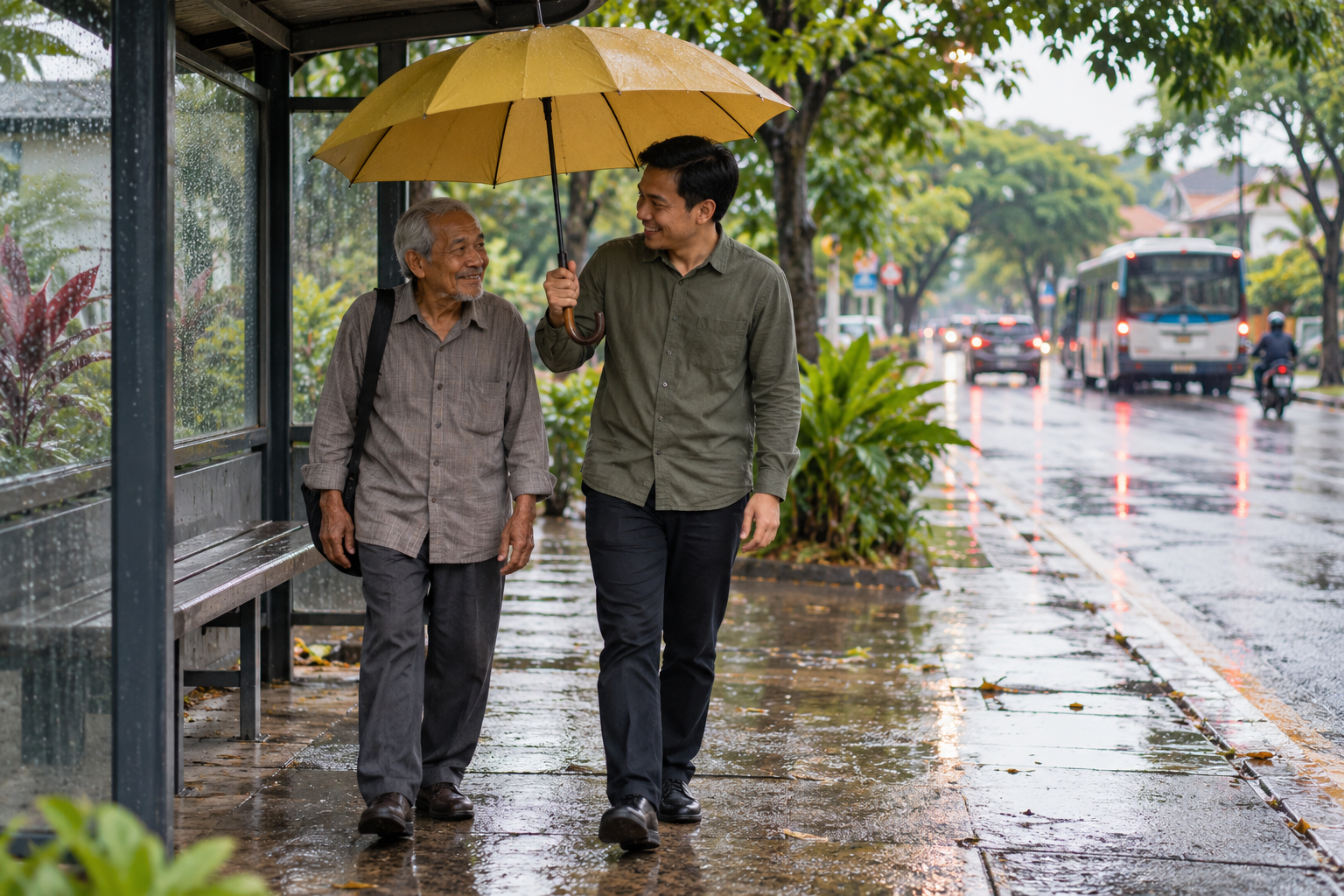 A younger man shares an umbrella with an older man on a rainy neighbourhood street.