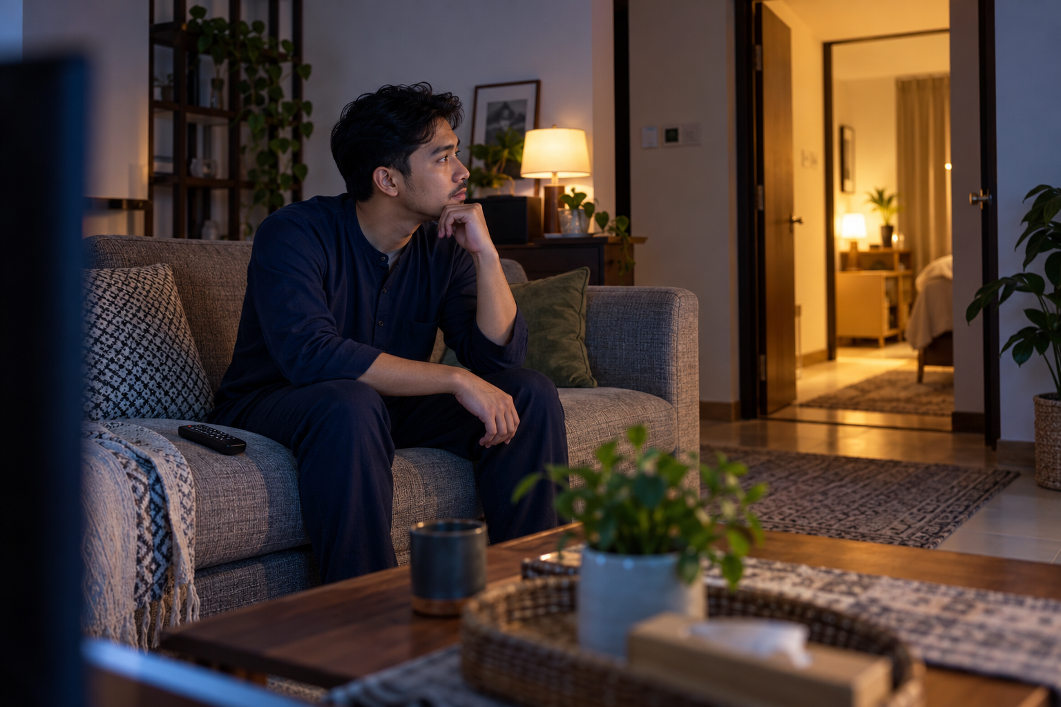 A man pauses on a sofa beside a television remote, considering how to spend his evening.