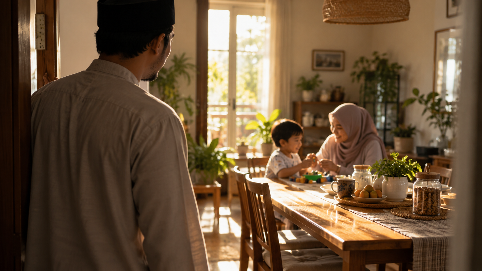A father pauses at a doorway, watching his wife and young son play together at a sunlit family dining table
