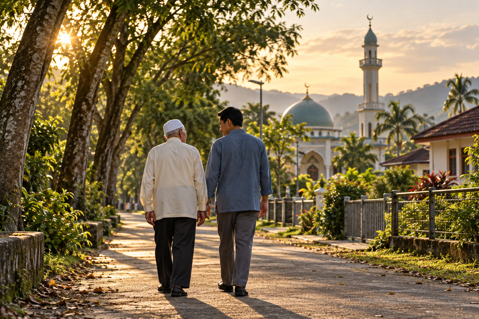 Seorang pria lanjut usia dan seorang pria muda berjalan bersama menuju masjid pada sore hari.