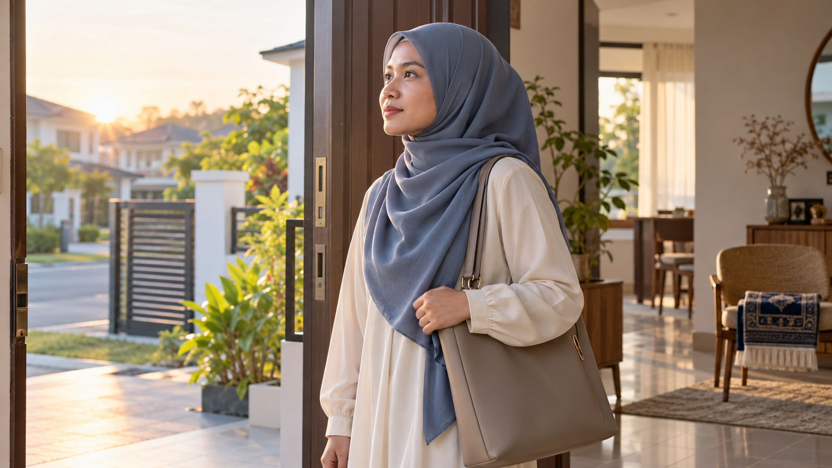 A woman in a blue hijab pauses at her front door before leaving for the day.