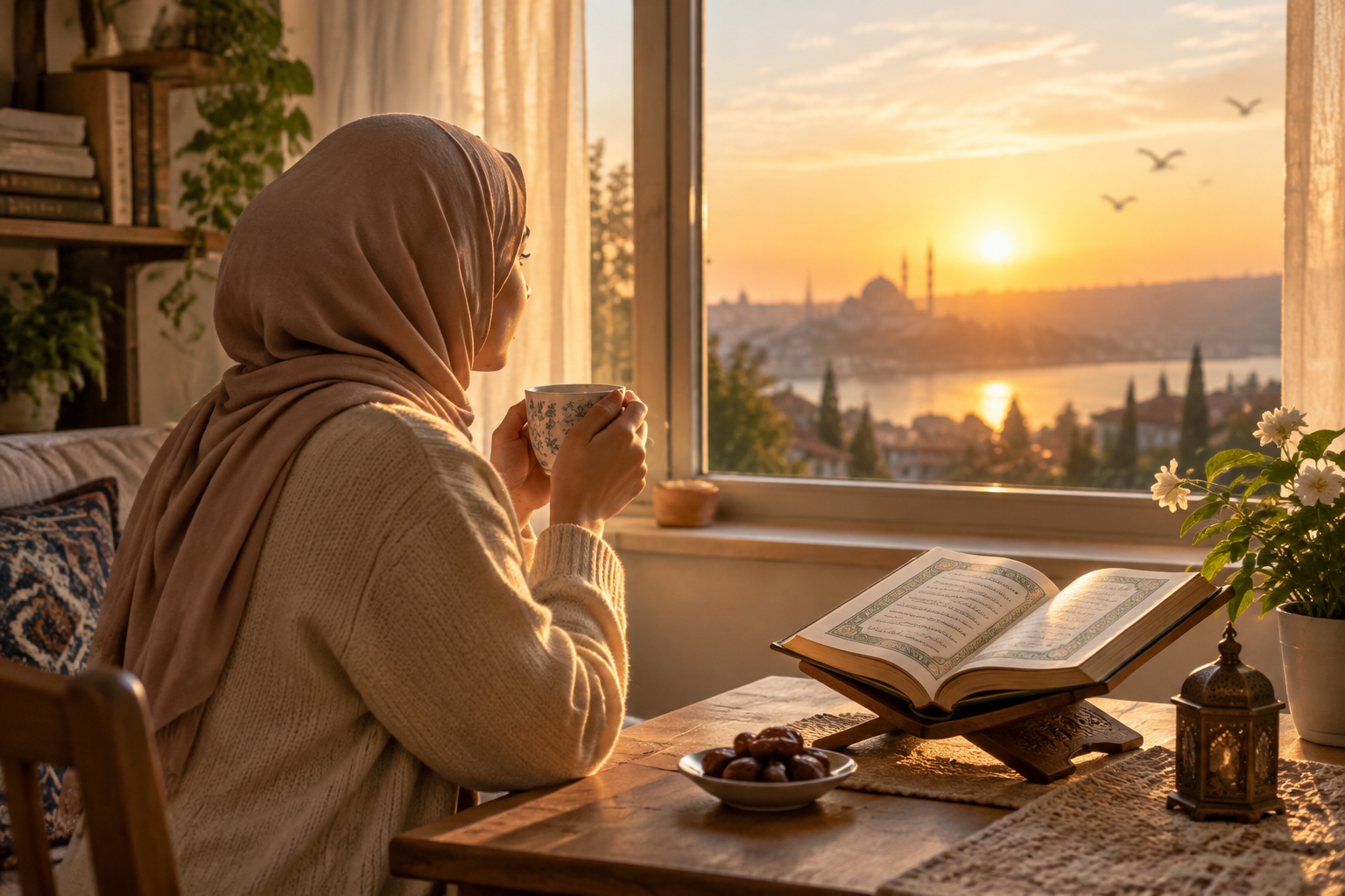 Seseorang duduk di tepi tingkap pada waktu pagi, dengan secawan minuman dan al-Quran terbuka di atas meja.