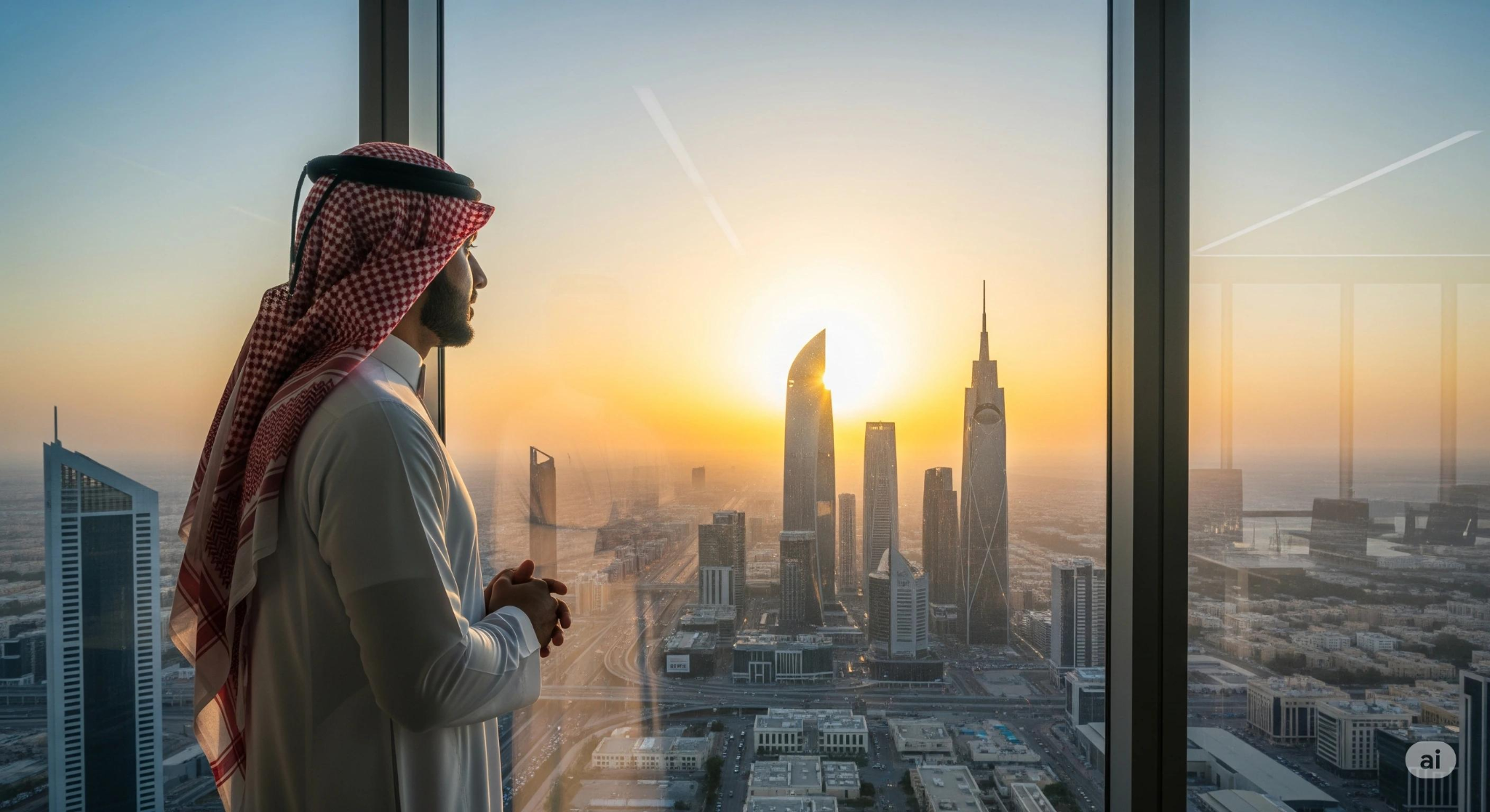 A man looks over a city from a high window in the warm light of sunset.