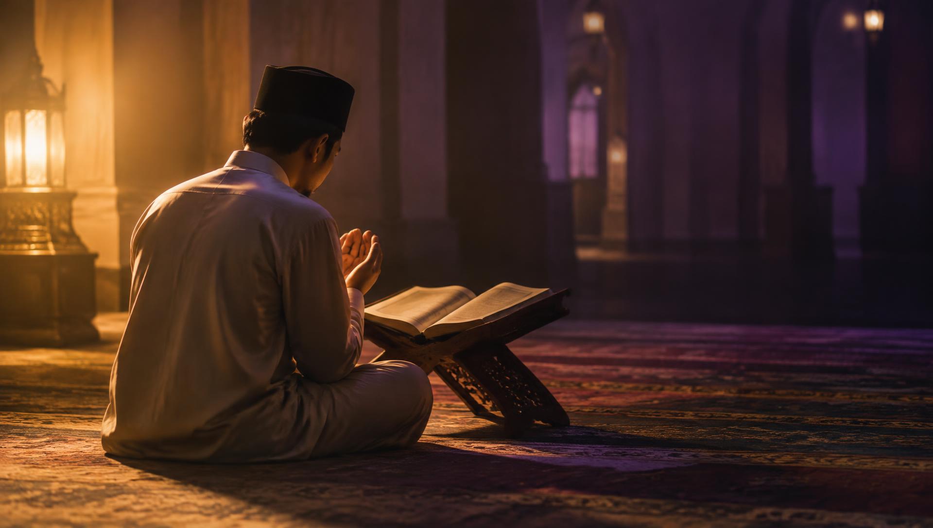 A man sits alone in a softly lit mosque prayer space at night, hands raised in dua before an open Quran on a wooden rehal.