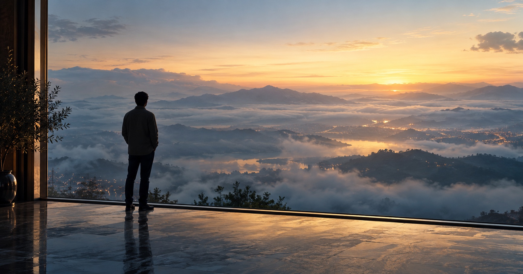 Seorang pria memandang melalui jendela ke arah pegunungan berselimut awan, danau dan kota saat matahari terbenam.
